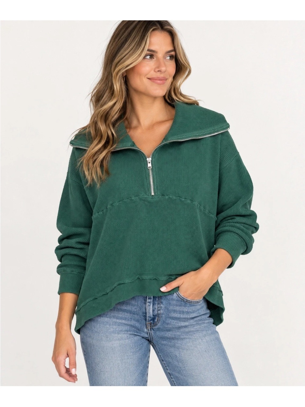 White Birch Green Pullover Waffle-Patterned Half Zip Shirt, Size M